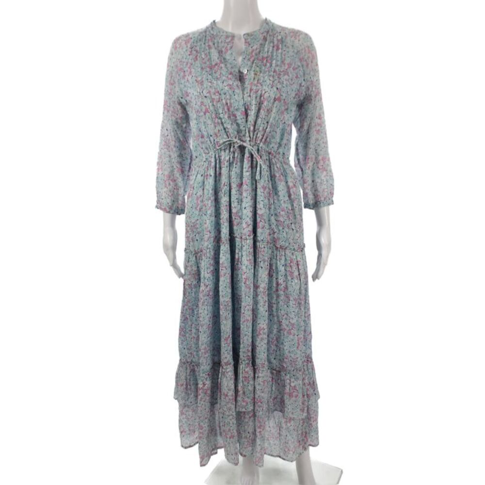 Banjanan Women Maxi Floral Henley Button 3/4 Sleeve Cotton Dress Size S